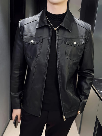 Men'S Slim-Fit Faux Leather Jacket - Black Casual Zip-Up Bomber with Lapel Collar, Long Sleeves, and Pockets for Autumn & Winter, Autumn Winter Jacket | Sleek Black Jacket | Polyester Lined Jacket