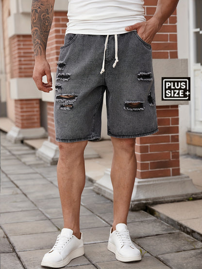Men's Big & Tall Jeans Shorts - Non-Stretch Heavy-Duty Jeans Fabric, Drawstring Waistband, Loose Fit Casual Pants for Everyday & Formal Outfits - Machine Washable Denim Shorts, Relaxed Style, Distressed Look, Sturdy Construct