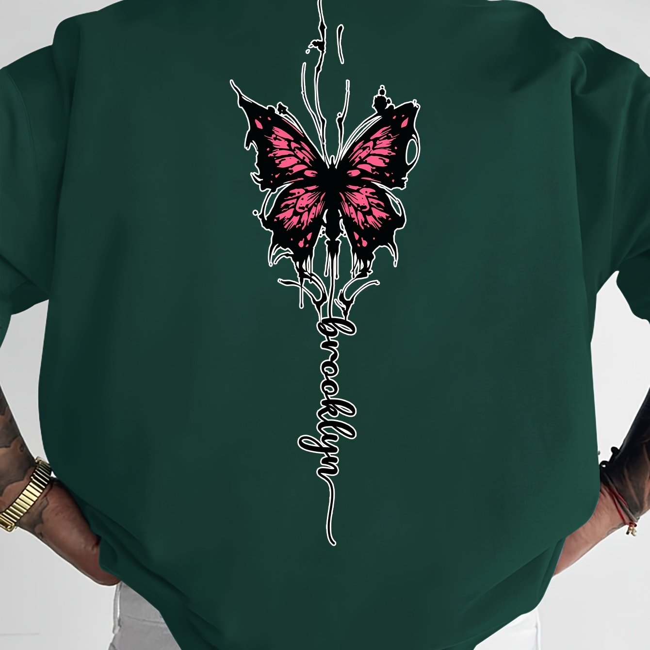 Men's Streetwear Graphic T-Shirt with Pink Butterfly & Brooklyn Letter Print - Loose Fit Casual Summer Tee, Breathable Round Neck Short Sleeve Shirt for Urban Fashion, Casual Attire, Streetstyle Tee, Relaxed Fit Top