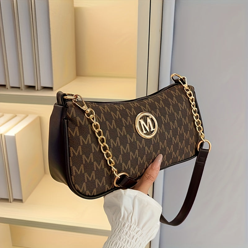 French Vintage Underarm Bag for Women, New Letter Print Crossbody Small Square Bag with Chain Shoulder Handbag, Perfect Lily Women'S Adjustable Crossbody Strap M Logo - Zipper Closure Shoulder Backpack, Suitable for Daily Com