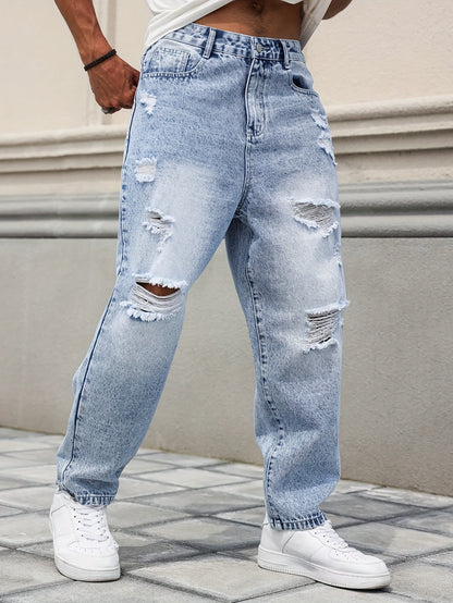 Men's Distressed Blue Denim Harem Pants - Loose Fit, Ripped Jeans with Raw Hem & Slant Pockets, Casual All-Season Wear (Belt/Accessories Not Included)