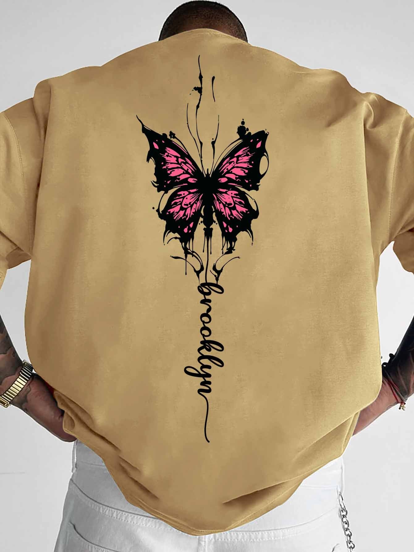 Men's Streetwear Graphic T-Shirt with Pink Butterfly & Brooklyn Letter Print - Loose Fit Casual Summer Tee, Breathable Round Neck Short Sleeve Shirt for Urban Fashion, Casual Attire, Streetstyle Tee, Relaxed Fit Top