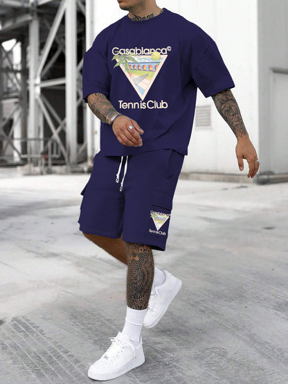 New Loose Fit Breathable Men's Crew Neck Short Sleeve T-Shirt and Workwear Style Multi-Pocket Shorts Set, Summer Casual Sportswear Two-Piece Outfit, Stylish Versatile Top and Pants for Both Men and Women