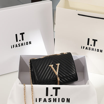 Women's Synthetic Leather Interlocking Link Crossbody Handbag & Wallet-like Detachable Strap - Golden-Tone Hardware, Closure, Golden-Tone Chain Strap, Golden-Tone Logo Accent - Elegant Synthetic Leather Purse with Closure, Wi