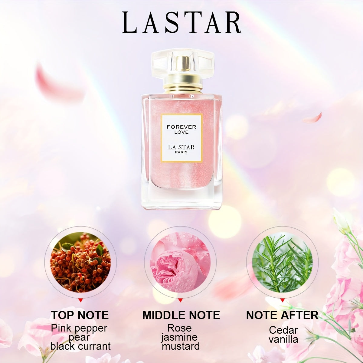 LASTAR Paris Forever Love Perfume 1.86oz, Romantic Floral Scent with Rose, Jasmine, Vanilla & Patchouli, Soft & Fresh Fragrance, Long-Lasting, Elegant Pink Glass Bottle with Golden Cap, Perfect Party/ Holiday Gift for Women