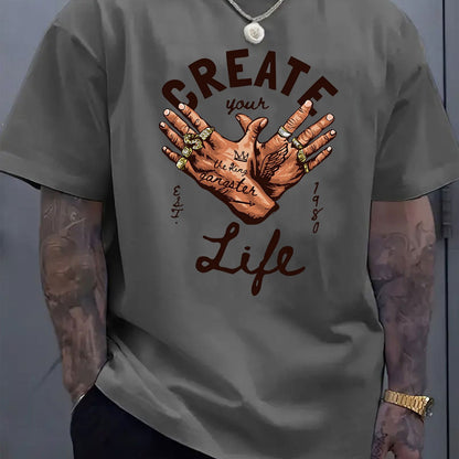 Men's Short-Sleeve T-Shirt with Inspirational "CREATE Your Own Life" Print & Prayer Hands Design - Elastic Round Neck, Breathable Fabric for Summer Outdoor Activities, Casual Comfort Fit, Machine Washable, Artistic Lifestyle