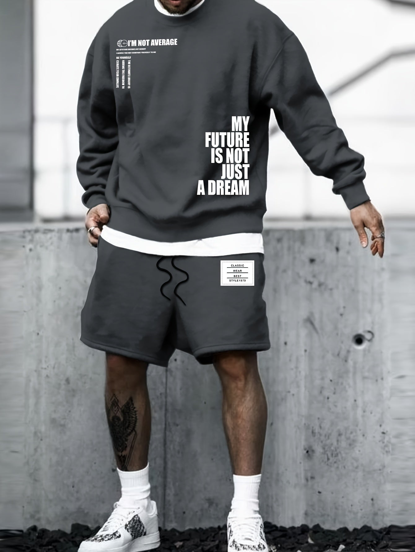 My Future Is Not Just A Dream Print Men's 2Pcs Outfits Casual Crew Neck Long Sleeve Sweatshirt & Short Set For Winter Fall Men's Clothing