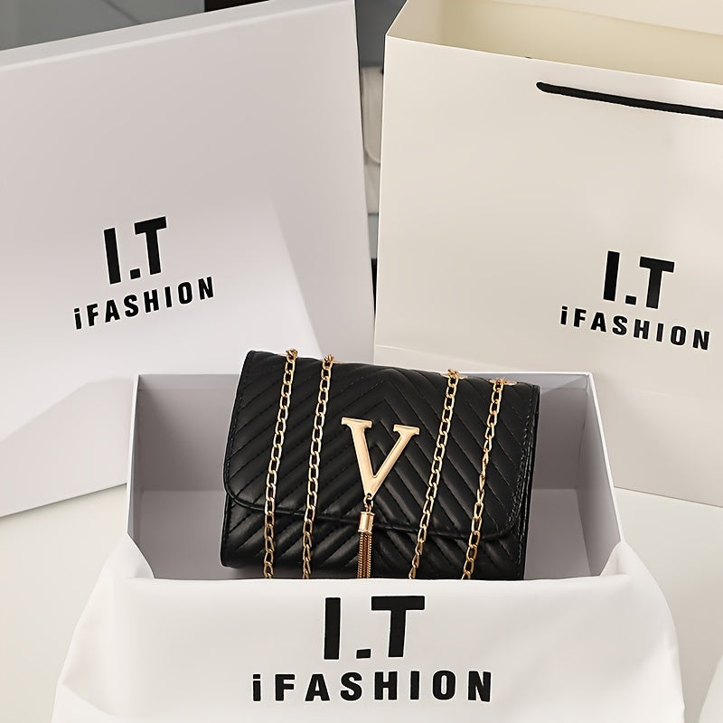 Women's Synthetic Leather Interlocking Link Crossbody Handbag & Wallet-like Detachable Strap - Golden-Tone Hardware, Closure, Golden-Tone Chain Strap, Golden-Tone Logo Accent - Elegant Synthetic Leather Purse with Closure, Wi