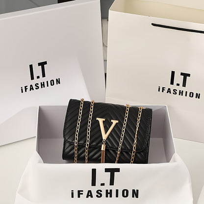 Women's Synthetic Leather Interlocking Link Crossbody Handbag & Wallet-like Detachable Strap - Golden-Tone Hardware, Closure, Golden-Tone Chain Strap, Golden-Tone Logo Accent - Elegant Synthetic Leather Purse with Closure, Wi