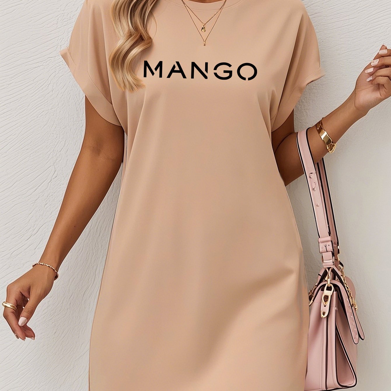 Women's Casual Mango Letter Print T-Shirt Dress - Vibrant Orange Short Sleeve Midi Dress with Pockets, Relaxed Fit & Drop Shoulder, Machine Washable All-Season Comfort, Spring Fashion, Breathable Material, Adult Clothing
