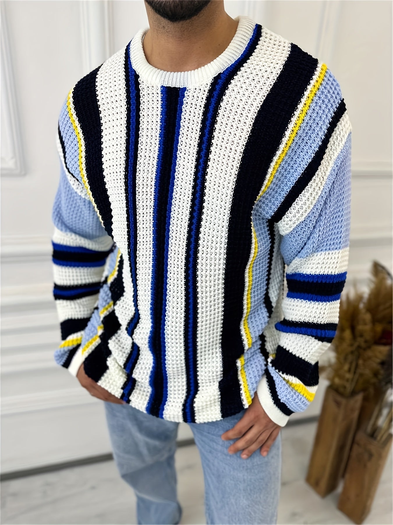 Men's Casual Striped Knit Sweater - Black & Yellow Contrast Long Sleeve Pullover with Round Neck, Regular Fit for Office Commute & Streetwear | Autumn Winter Fashion, Knit Sweater, Winter Wardrobe, Trendy Knitwear, Durable Fa