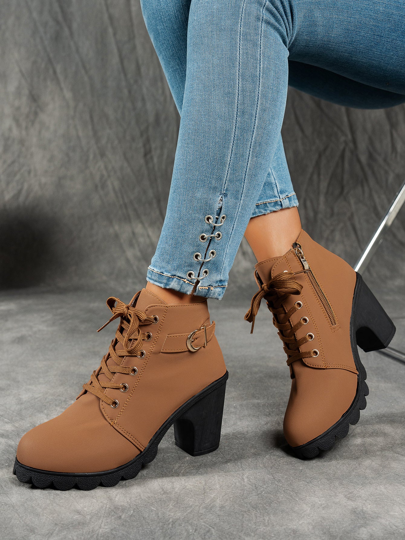MagiMoBo Women'S Mid-Heel Ankle Boots with Side Zipper - Comfortable Faux Cover, Decorative Buckle Design, All-Season Versatile Casual Shoes for Casual Attire, Chunky Heel, Versatile Ankle Boots | Decorative Buckle Boots | Sy