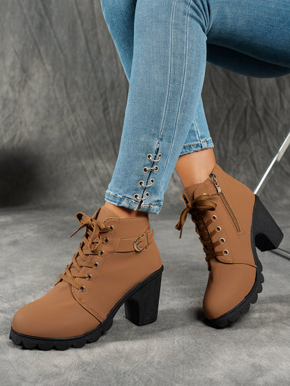 MagiMoBo Women'S Mid-Heel Ankle Boots with Side Zipper - Comfortable Faux Cover, Decorative Buckle Design, All-Season Versatile Casual Shoes for Casual Attire, Chunky Heel, Versatile Ankle Boots | Decorative Buckle Boots | Sy