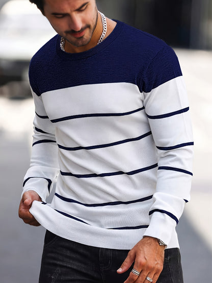 Men's Casual Striped Knit Pullover Sweater - Navy & White Contrast, Regular Fit H-Silhouette, Long Sleeve Crew Neck, Medium Stretch, Machine Washable for Spring & Fall, Mediumstretch Fabric