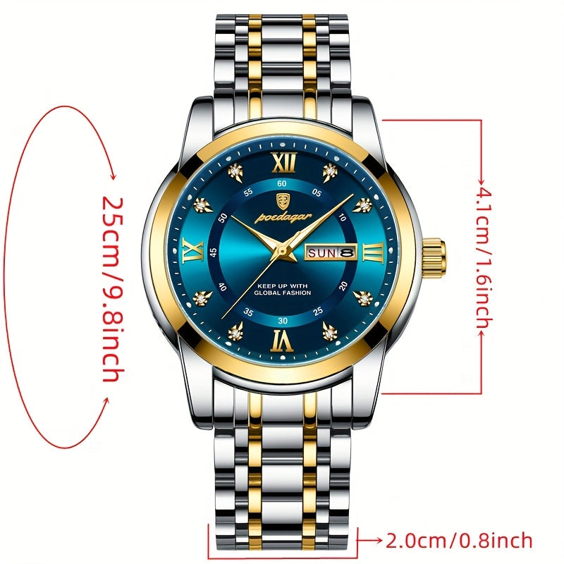 1pc Men's Fashion Stainless Steel Quartz Watch with Date Function, Rhinestone Accents, Luminous Hands, Round Dial - Casual Style, Battery Powered, Water Resistant, Ideal Gift for Birthdays and Anniversaries