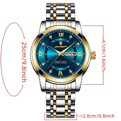 1pc Men's Fashion Stainless Steel Quartz Watch with Date Function, Rhinestone Accents, Luminous Hands, Round Dial - Casual Style, Battery Powered, Water Resistant, Ideal Gift for Birthdays and Anniversaries