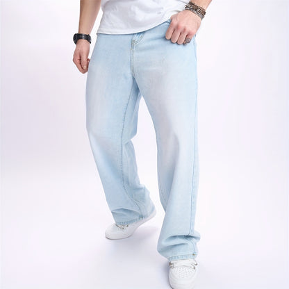 Men'S High-Street Casual Straight-Leg Jeans - Light Blue, Loose Fit, Non-Stretch Denim, Raw Wash, All-Season Comfort, Perfect for Casual Attire, Comfortable Clothing | Relaxed Fit Jeans | Nonstretch Fabric