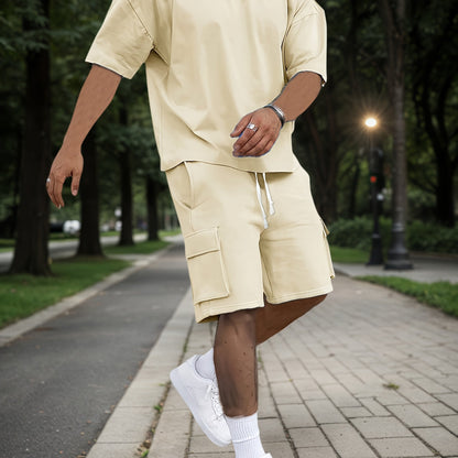 Summer Heavyweight FOG Color Earth Tone Short Sleeve Shorts Streetwear Loose Fashion Set