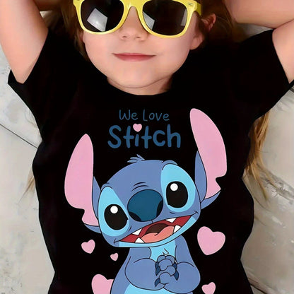 Youngsters' Stitch Cartoon Print T-Shirt - Pink Casual Summer Top with "We Love Stitch" Design, Soft & Breathable Knit Fabric, Round Neck, Machine Washable, Perfect for Youngsters' Playtime & Holidays, Youngsters'S Playtime S