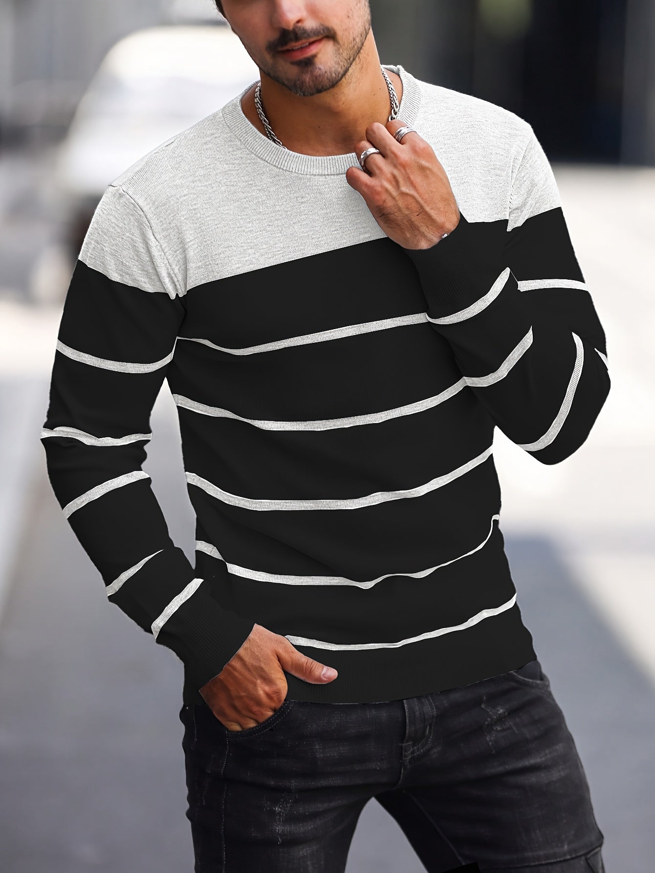 Men's Casual Striped Knit Pullover Sweater - Navy & White Contrast, Regular Fit H-Silhouette, Long Sleeve Crew Neck, Medium Stretch, Machine Washable for Spring & Fall, Mediumstretch Fabric