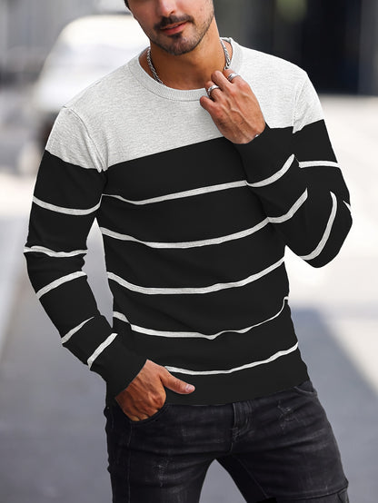 Men's Casual Striped Knit Pullover Sweater - Navy & White Contrast, Regular Fit H-Silhouette, Long Sleeve Crew Neck, Medium Stretch, Machine Washable for Spring & Fall, Mediumstretch Fabric