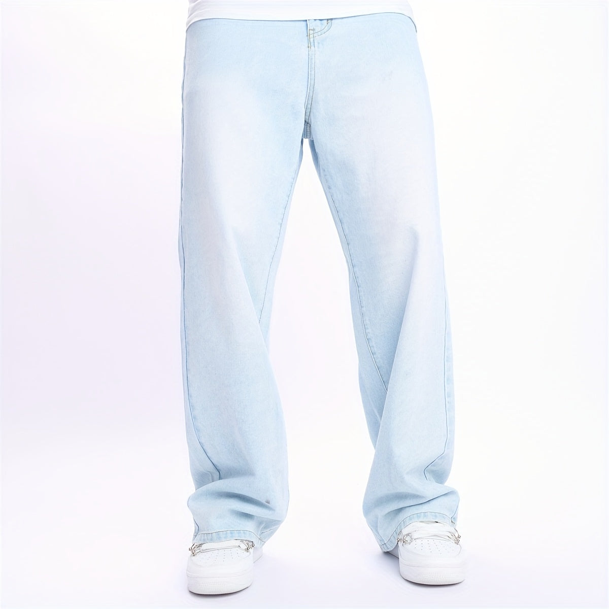 Men'S High-Street Casual Straight-Leg Jeans - Light Blue, Loose Fit, Non-Stretch Denim, Raw Wash, All-Season Comfort, Perfect for Casual Attire, Comfortable Clothing | Relaxed Fit Jeans | Nonstretch Fabric
