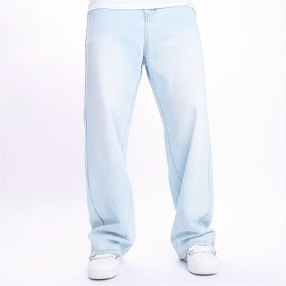 Men'S High-Street Casual Straight-Leg Jeans - Light Blue, Loose Fit, Non-Stretch Denim, Raw Wash, All-Season Comfort, Perfect for Casual Attire, Comfortable Clothing | Relaxed Fit Jeans | Nonstretch Fabric