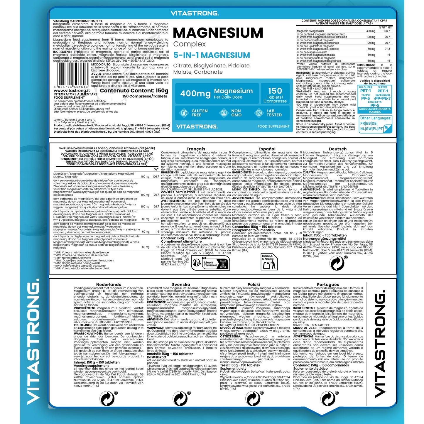 Magnesium Complex 5-In-1, 400Mg Per Serving, 5 Magnesium Sources: Bisglycinate (Magnesium Glycinate), Magnesium Citrate, Malate, Pidolate, Carbonate, 150 Tablets, Pure Magnesium Premium Quality Vitastrong