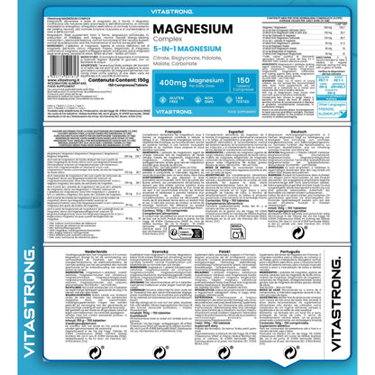 Magnesium Complex 5-In-1, 400Mg Per Serving, 5 Magnesium Sources: Bisglycinate (Magnesium Glycinate), Magnesium Citrate, Malate, Pidolate, Carbonate, 150 Tablets, Pure Magnesium Premium Quality Vitastrong