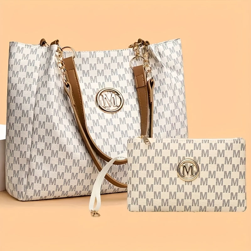 2pcs Women's Vintage Shoulder Bag Set, Large Capacity Tote Bag with Fixed Shoulder Strap, Synthetic, Zipper Closure, Polyester Lining, Lightweight, Random Print Design, Perfect for Daily Commuting and Carrying Cell Phones,