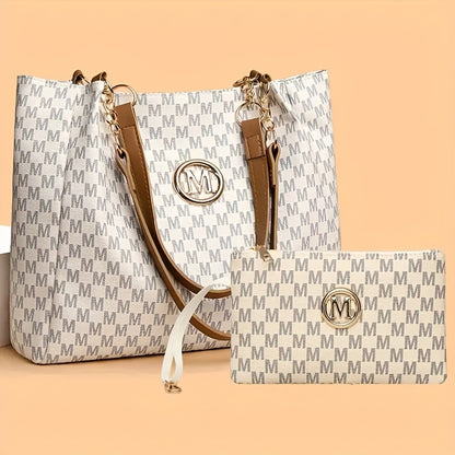 2pcs Women's Vintage Shoulder Bag Set, Large Capacity Tote Bag with Fixed Shoulder Strap, Synthetic, Zipper Closure, Polyester Lining, Lightweight, Random Print Design, Perfect for Daily Commuting and Carrying Cell Phones,