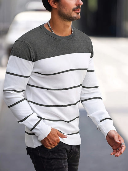 Men's Casual Striped Knit Pullover Sweater - Navy & White Contrast, Regular Fit H-Silhouette, Long Sleeve Crew Neck, Medium Stretch, Machine Washable for Spring & Fall, Mediumstretch Fabric