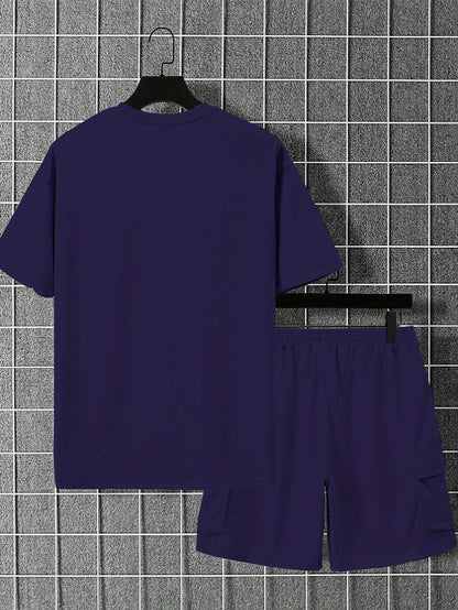 New Loose Fit Breathable Men's Crew Neck Short Sleeve T-Shirt and Workwear Style Multi-Pocket Shorts Set, Summer Casual Sportswear Two-Piece Outfit, Stylish Versatile Top and Pants for Both Men and Women