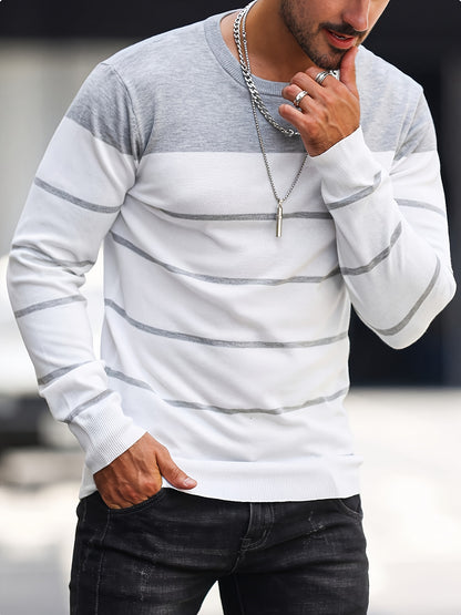 Men's Casual Striped Knit Pullover Sweater - Navy & White Contrast, Regular Fit H-Silhouette, Long Sleeve Crew Neck, Medium Stretch, Machine Washable for Spring & Fall, Mediumstretch Fabric