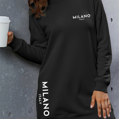 Milano Women'S Casual Hooded Sweatshirt Dress - Long Sleeve, Loose Fit, Thickened Letter Print Pullover with Round Neck, Perfect for Fall/Winter Fashion, Casual Wear Dress | Trendy Casual Style | Comfortable Wear