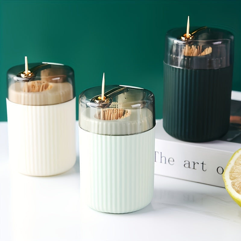 1pc, Toothpick Box, Light Luxury Creative Storage Toothpick Box, Creative Design Swab Jar, Automatic Release Press-type Plastic Toothpick Box, Dental Floss Box, Home Accessories