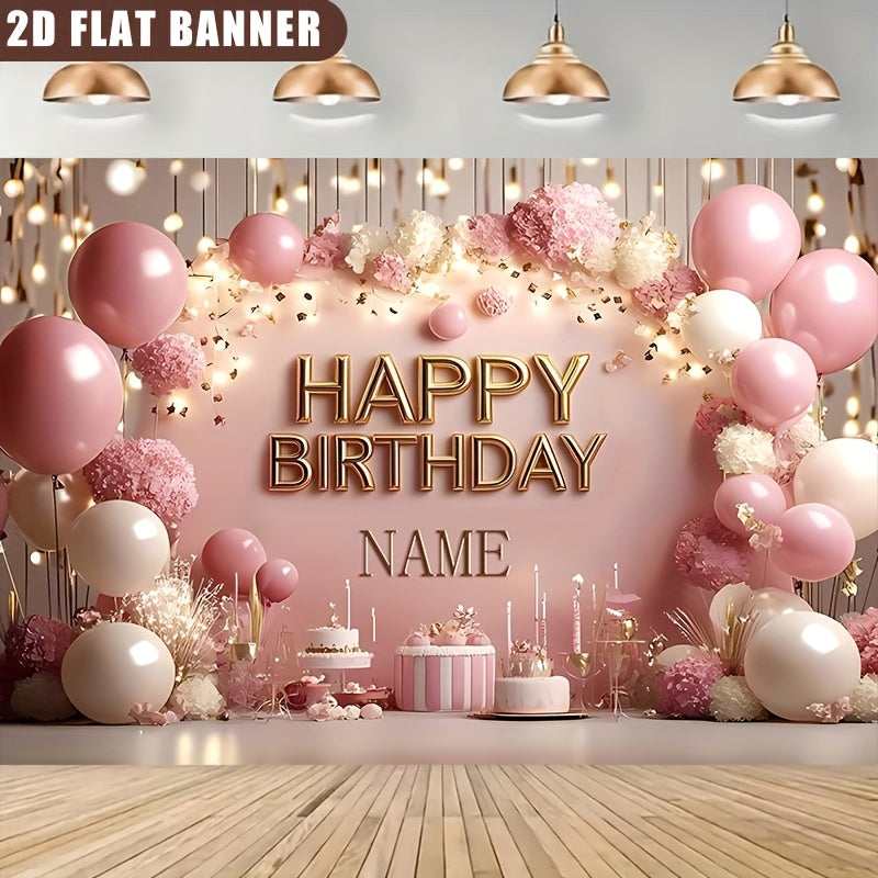 2D Flat, 1pc Customizable Princess-Themed Birthday Party Banner - Sparkling Pink Floral & Cake Design, Vinyl Inkjet Print, Personalized Name Option, Perfect for Wall Decor & Event Signage, Birthday Party Decorations