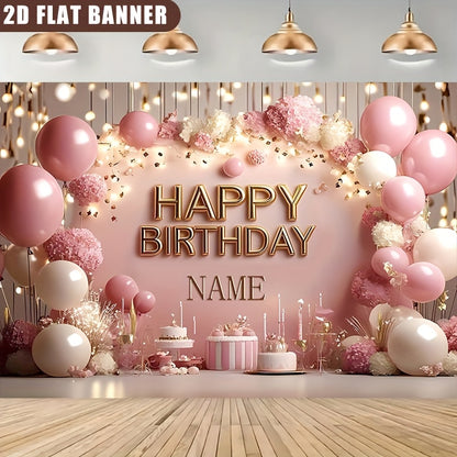 2D Flat, 1pc Customizable Princess-Themed Birthday Party Banner - Sparkling Pink Floral & Cake Design, Vinyl Inkjet Print, Personalized Name Option, Perfect for Wall Decor & Event Signage, Birthday Party Decorations