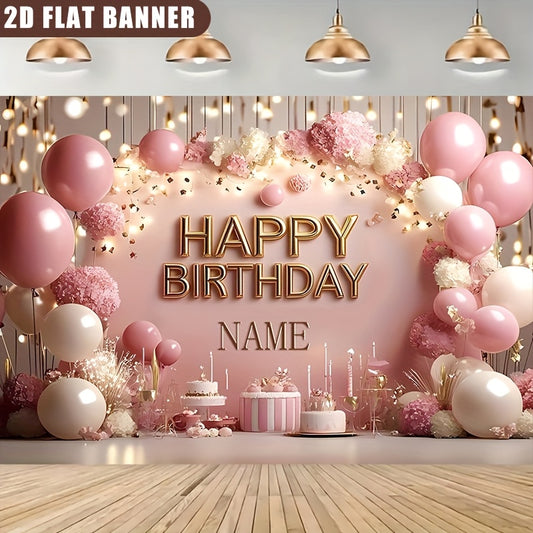 2D Flat, 1pc Customizable Princess-Themed Birthday Party Banner - Sparkling Pink Floral & Cake Design, Vinyl Inkjet Print, Personalized Name Option, Perfect for Wall Decor & Event Signage, Birthday Party Decorations