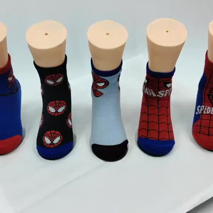 5 Pairs of Marvel Cartoon Character Spider Socks "Swing Into Action! Spider-Hero Kids Socks - Web-Slinging Fun for Little Heroes!" Youngsters' Mid-Calf Socks