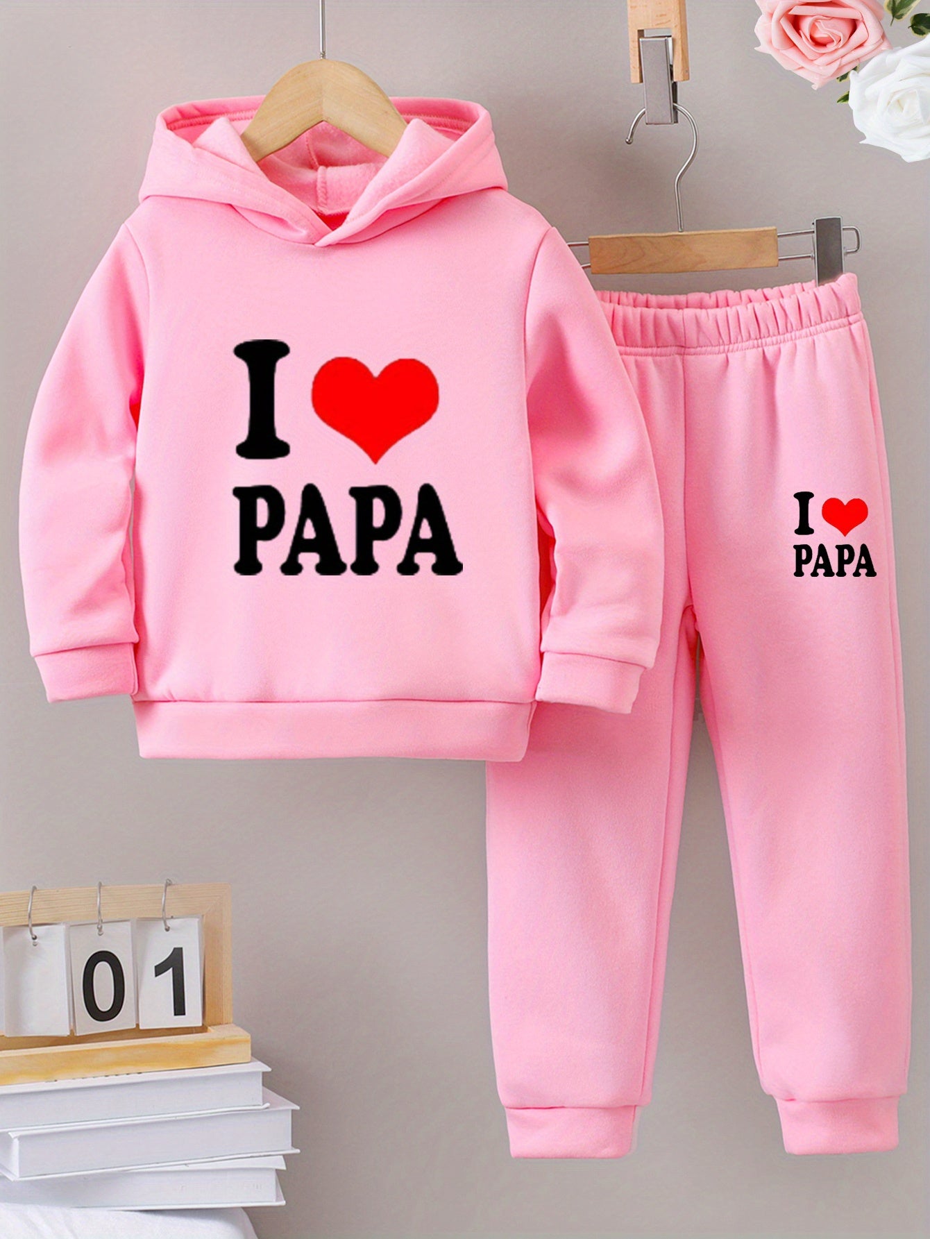Fashionable Autumn And Winter Casual Sports Style for And "I Love Dad" Cartoon Popular Print Pattern Long-Sleeved Plus Velvet Warm Hooded Sweatshirt + Sweatpants Two-Piece Set, for Outdoor
