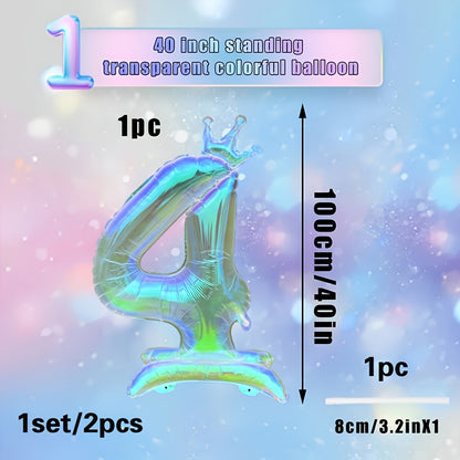 2pcs, 1pc 101.6cm transparent large digital balloon with crown and base + 1 straw, aluminum foil material, suitable for birthday party decoration, photo props, anniversary celebrations, Valentine's Day, New Year celebrations,