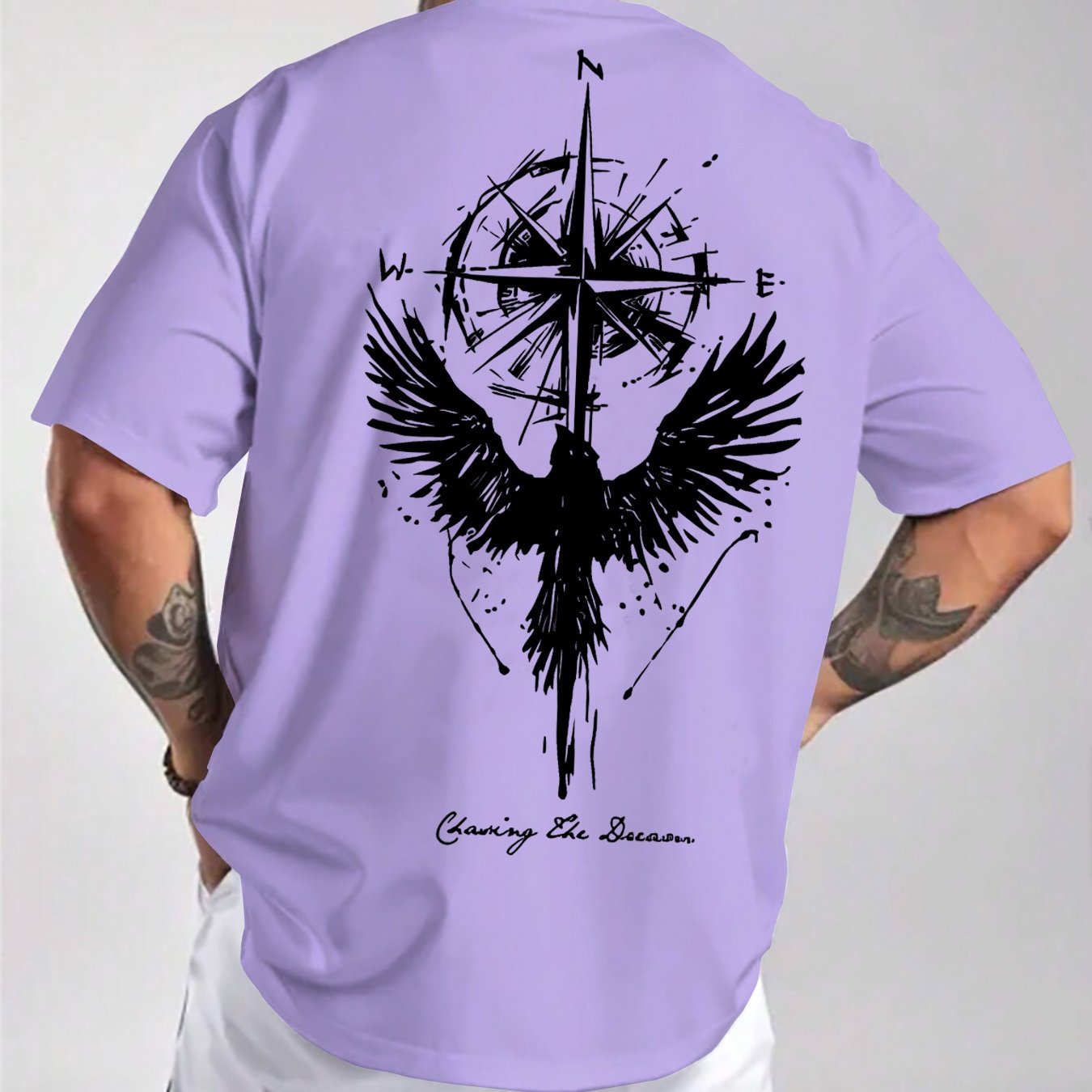 Men'S Summer Short Sleeve T-Shirt with Bold Eagle & Compass Print - Light Blue Casual Round Neck Tee, Comfortable Stretch Fabric for Casual Attire, Everyday Tshirt | Bold Graphic Tee | Comfortable Fit