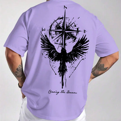 Men'S Summer Short Sleeve T-Shirt with Bold Eagle & Compass Print - Light Blue Casual Round Neck Tee, Comfortable Stretch Fabric for Casual Attire, Everyday Tshirt | Bold Graphic Tee | Comfortable Fit
