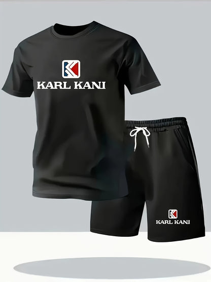 Summer Men's Casual Sport Short Sleeve T-Shirt and Shorts Set, Knitted Polyester Fabric, Comfortable Breathable, Suitable for Outdoor Jogging Running Fitness, KARL KANI Letter Print Design - 2pcs