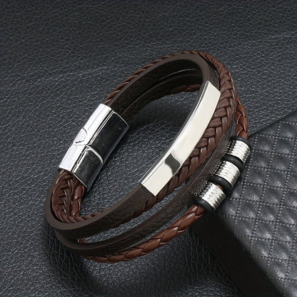 New Hot Selling Men's Vintage Hand-woven Multi-layer Beaded Alloy Magnetic Buckle PU Men's Bracelet