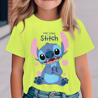 Youngsters' Stitch Cartoon Print T-Shirt - Pink Casual Summer Top with "We Love Stitch" Design, Soft & Breathable Knit Fabric, Round Neck, Machine Washable, Perfect for Youngsters' Playtime & Holidays, Youngsters'S Playtime S
