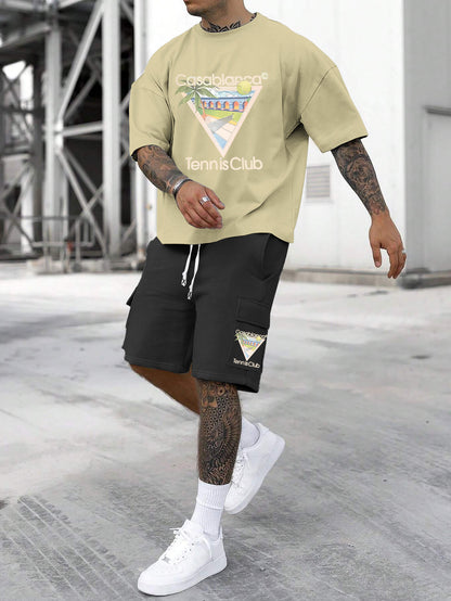 New Loose Fit Breathable Men's Crew Neck Short Sleeve T-Shirt and Workwear Style Multi-Pocket Shorts Set, Summer Casual Sportswear Two-Piece Outfit, Stylish Versatile Top and Pants for Both Men and Women