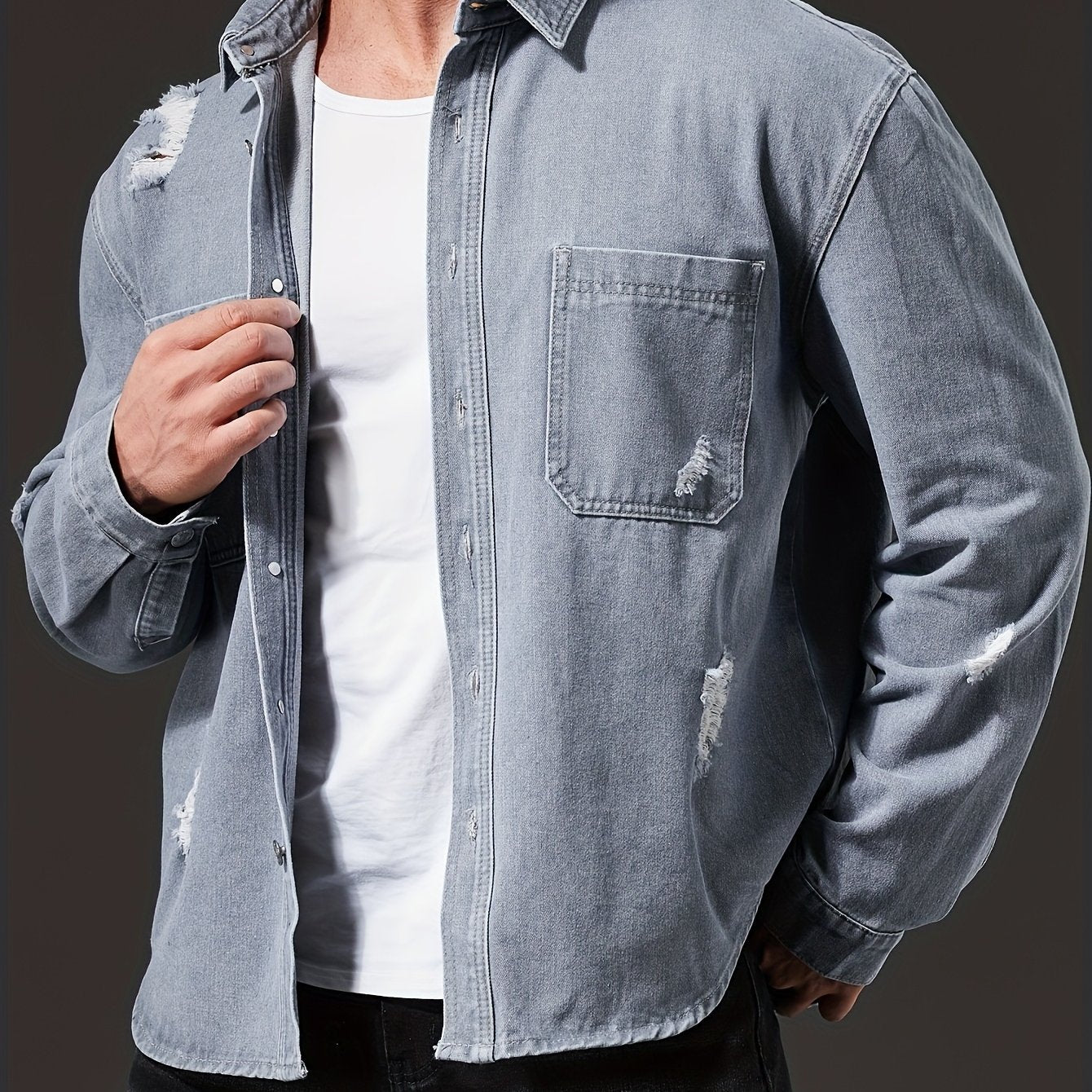 Men'S Casual Denim Shirt - Washed Distressed Blue, Button-Up with Chest Pockets, Non-Stretch Fabric, Regular Fit for Casual Attire, Casual Attire Shirt | Distressed Denim Shirt | Nonstretch Fabric, Plus Size