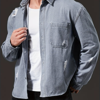 Men'S Casual Denim Shirt - Washed Distressed Blue, Button-Up with Chest Pockets, Non-Stretch Fabric, Regular Fit for Casual Attire, Casual Attire Shirt | Distressed Denim Shirt | Nonstretch Fabric, Plus Size